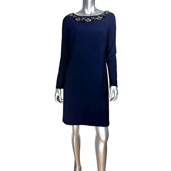 Vince Camuto Blue Embellished Beaded  Long Sleeve Shift Dress 12 - Picture 3 of 6